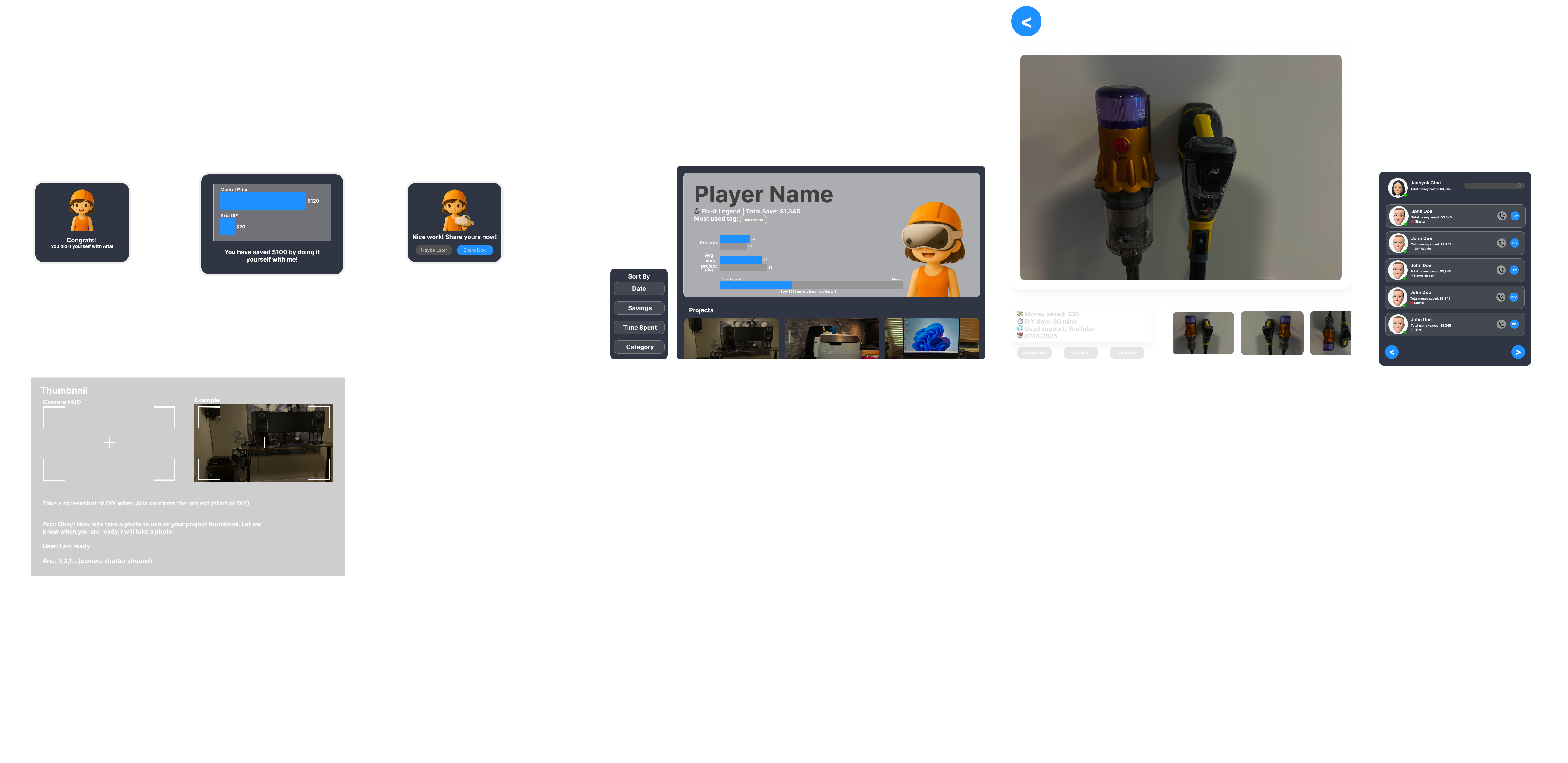 Aria after-project flow: completion and savings cards, a share prompt, the camera HUD for capturing a project thumbnail, the player profile screen and the friends list
