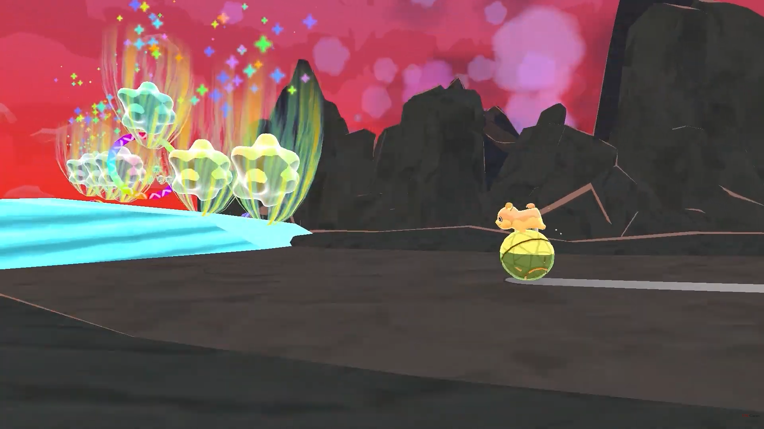 Move Move Melon! level 2.3: Melon rolling through a candy-coloured landscape under a red sky
