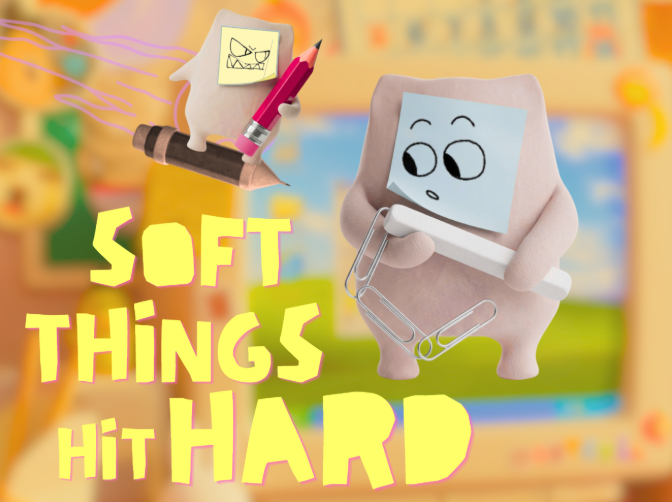 Soft Things Hit Hard logo: two Play-Doh creatures armed with a pencil and paper clips