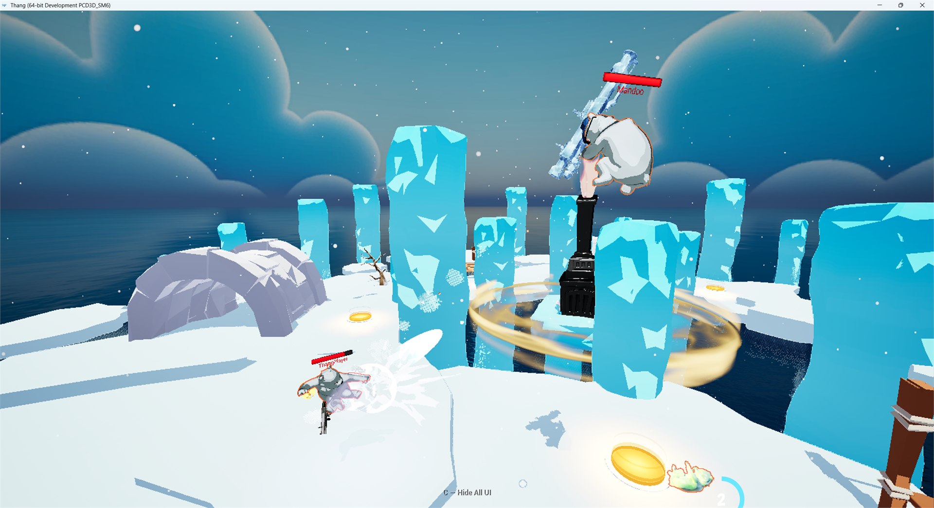 The THANG! winter arena prototype — an igloo and scattered rocks on snow, tall ice pillars breaking sightlines, and a dark central oven structure rising above the frozen pond