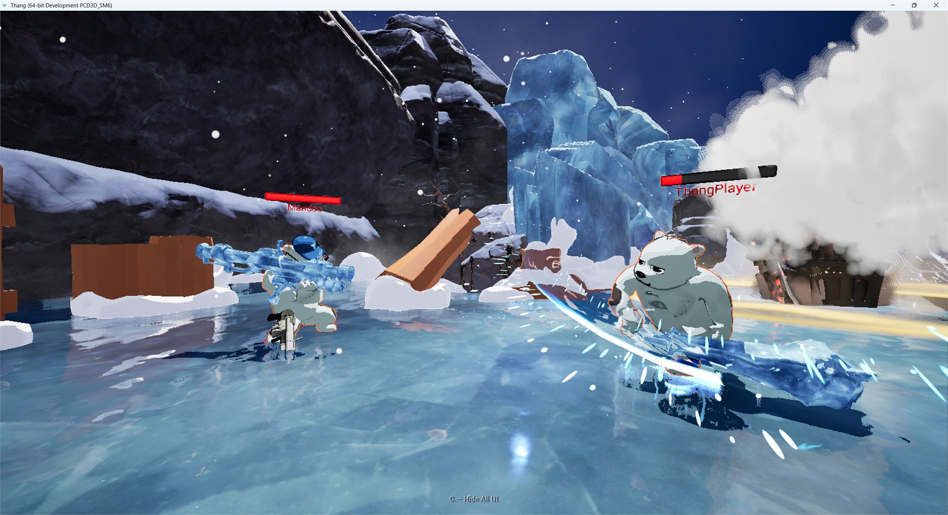 Two polar bears fighting on an icy arena in the THANG! prototype — one carrying an ice-blue weapon, the other mid-swing with a bright slash effect, health bars above both