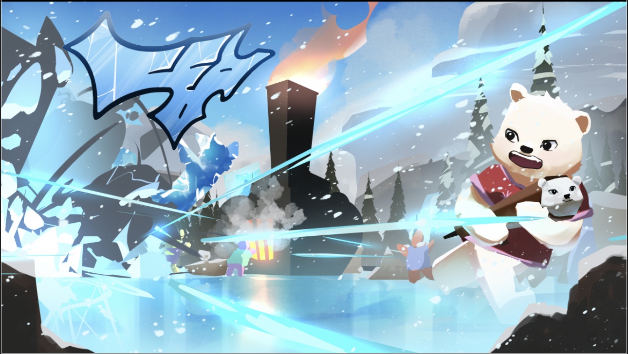 THANG! poster — a polar bear in a red coat carrying a frozen cub across an icy town while blue freeze rays streak past a smoking central oven